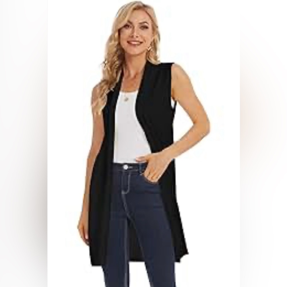 Tahari women’s size medium open front layering cardigan vest black